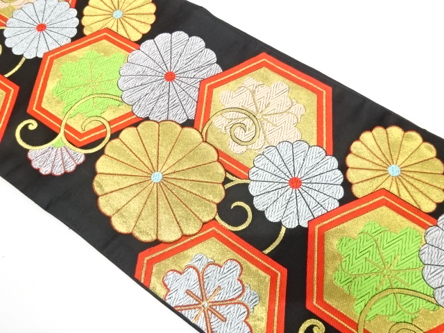 アンティーク　菊唐草に花亀甲模様織り出し袋帯（着用可）